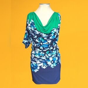BCBGMaxAzria One Shoulder Mini  Dress in Green and Blue Floral